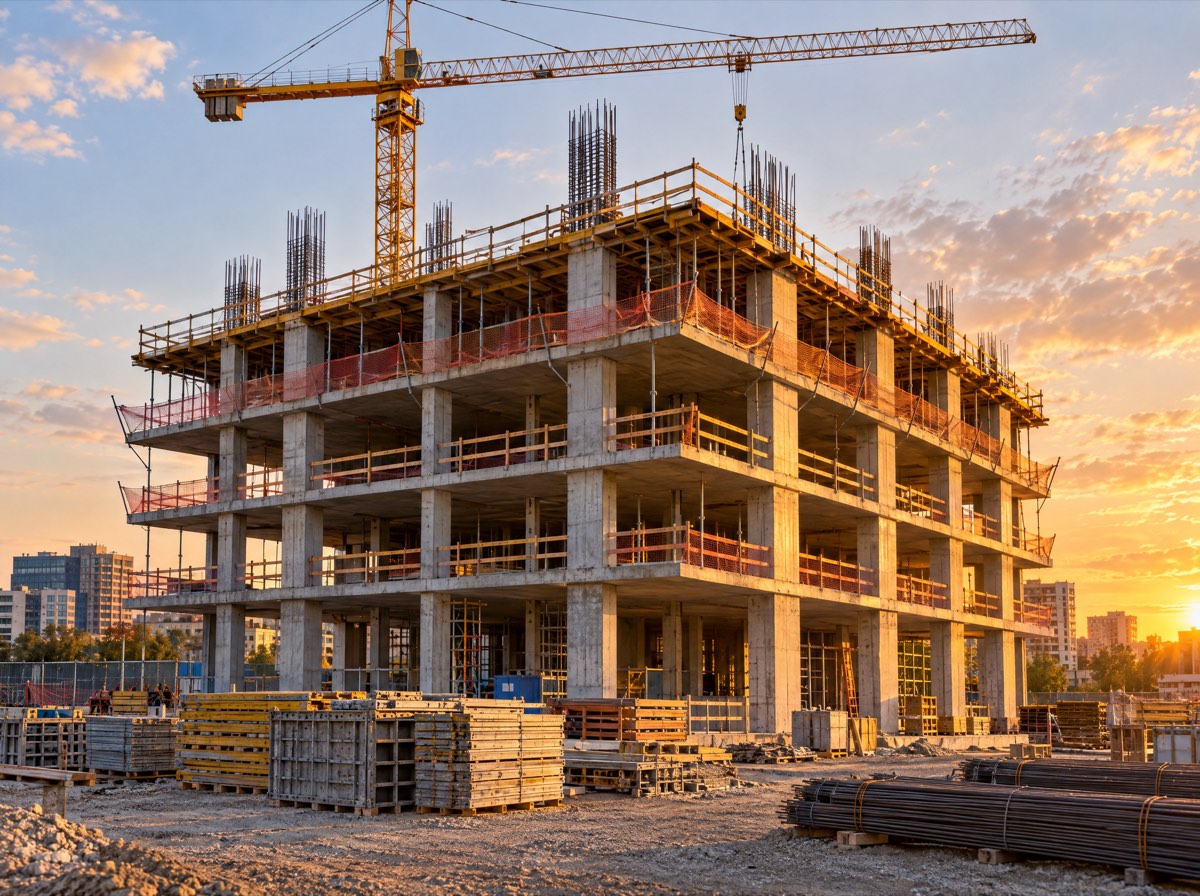 A concrete commercial building under construction with a tower crane