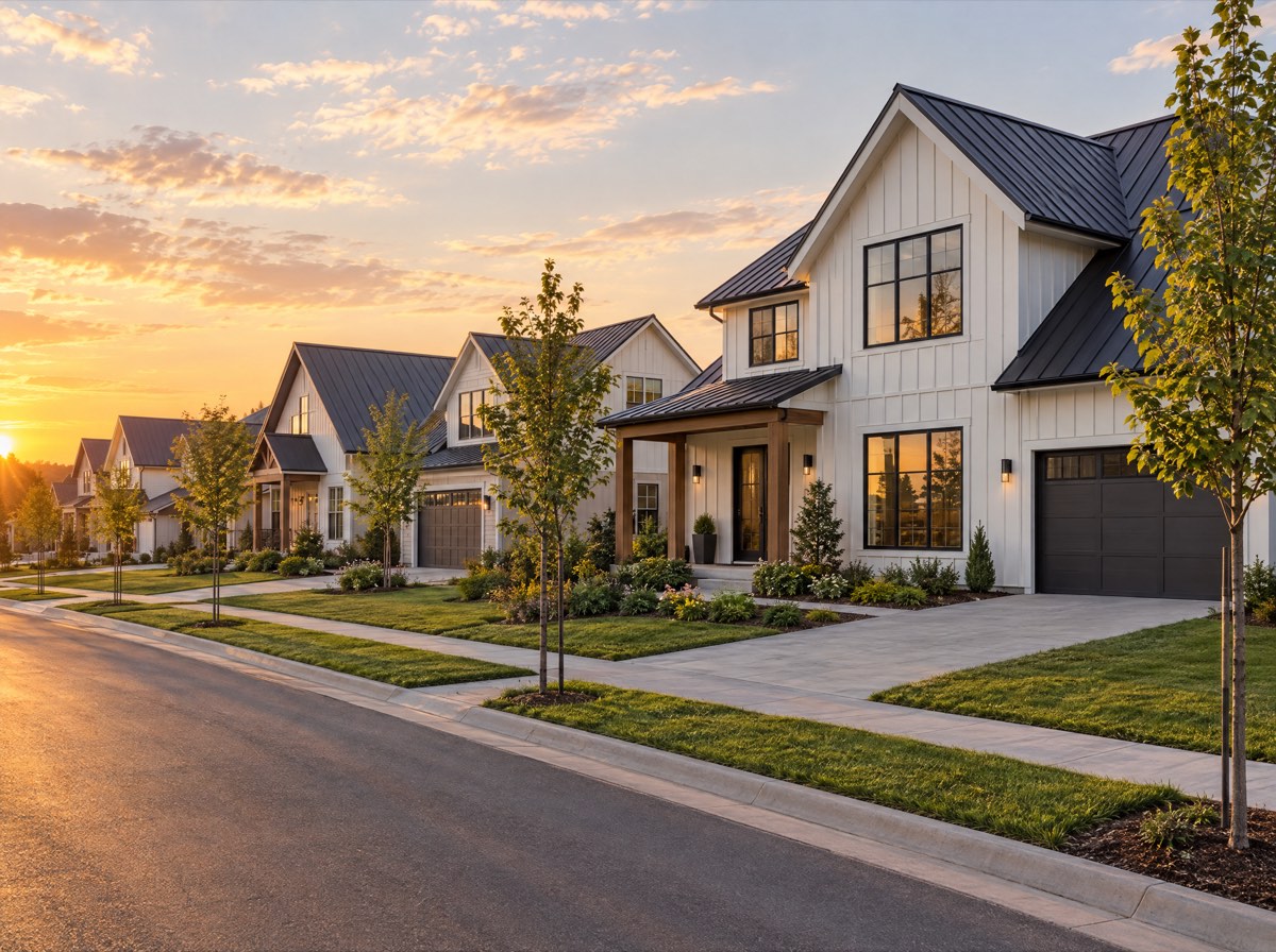 A street of new modern family homes at sunset
