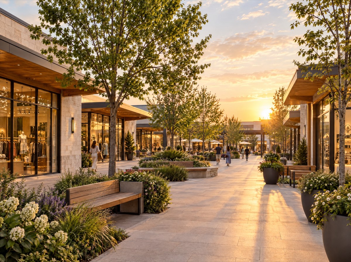 An open-air shopping plaza with storefronts and a tree-lined walkway