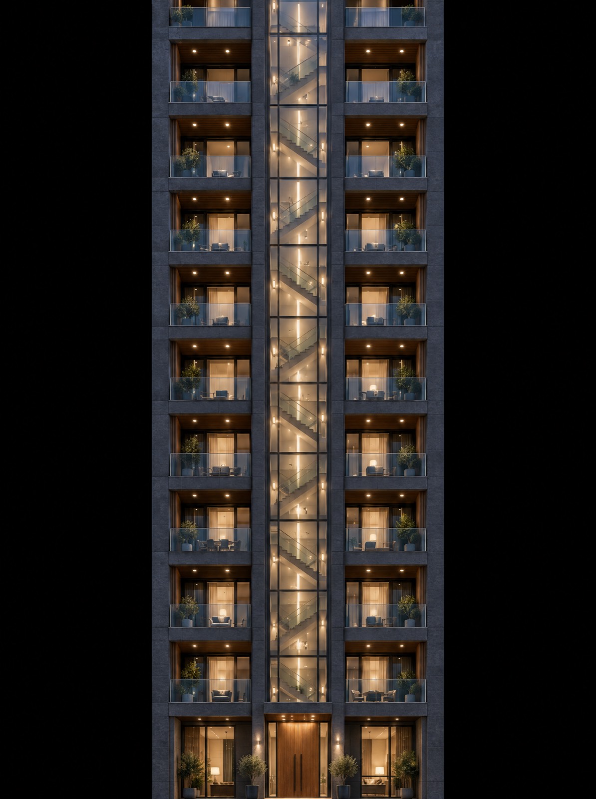 A modern residential tower at night with warm lights on every balcony